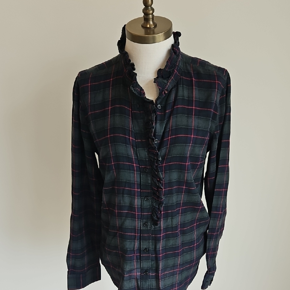 GAP Green plaid Ruffled Blouse with Ruffle Collar